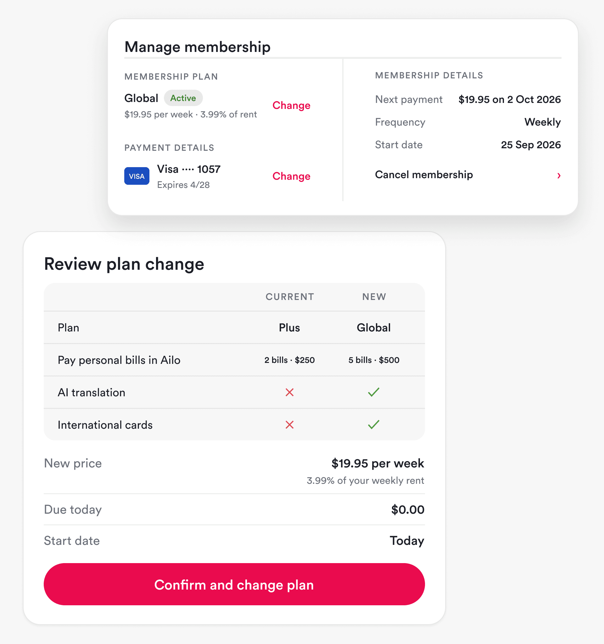 Choosing and changing a membership in the Ailo app