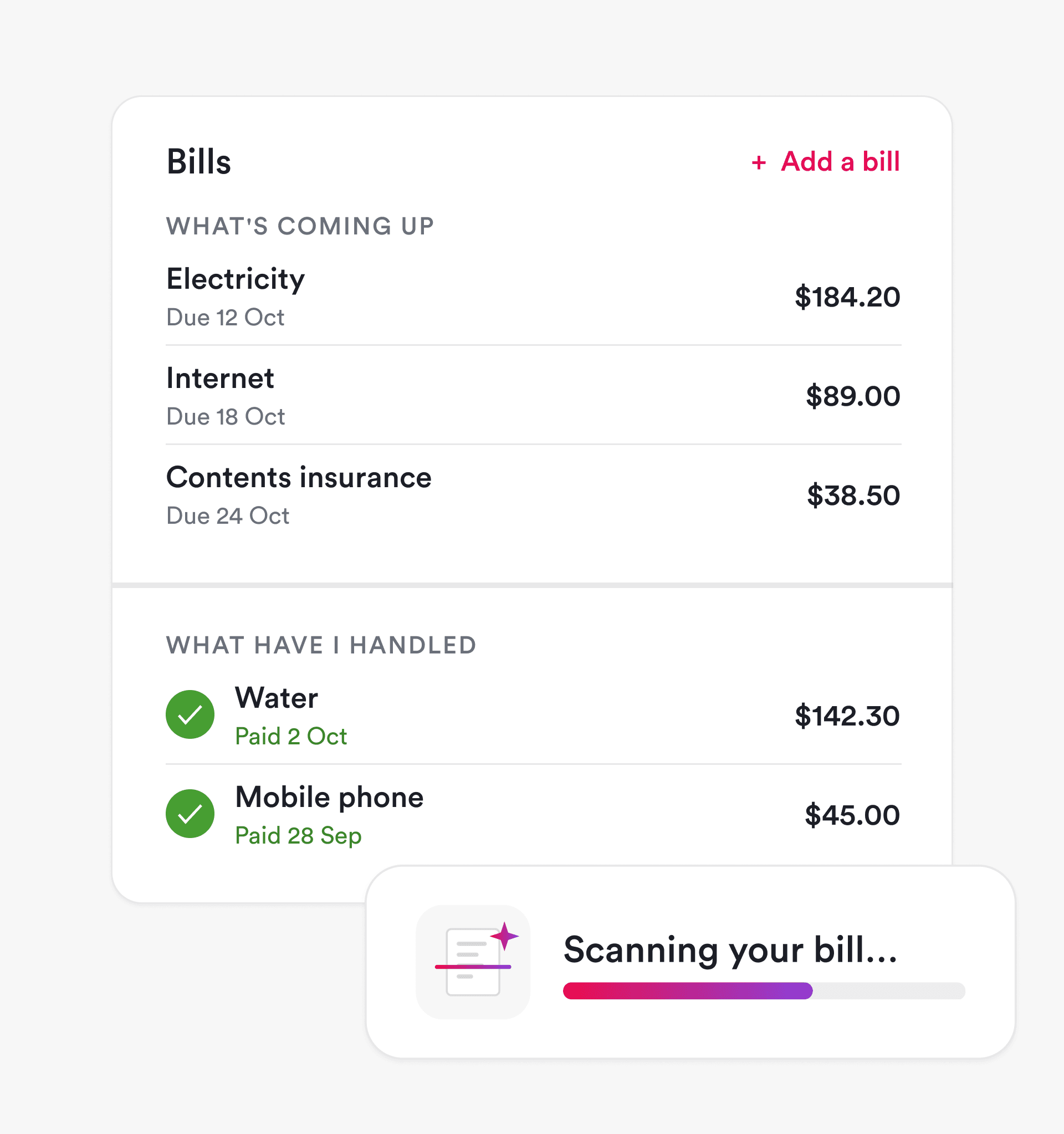 Home expenses and personal bills in the Ailo app