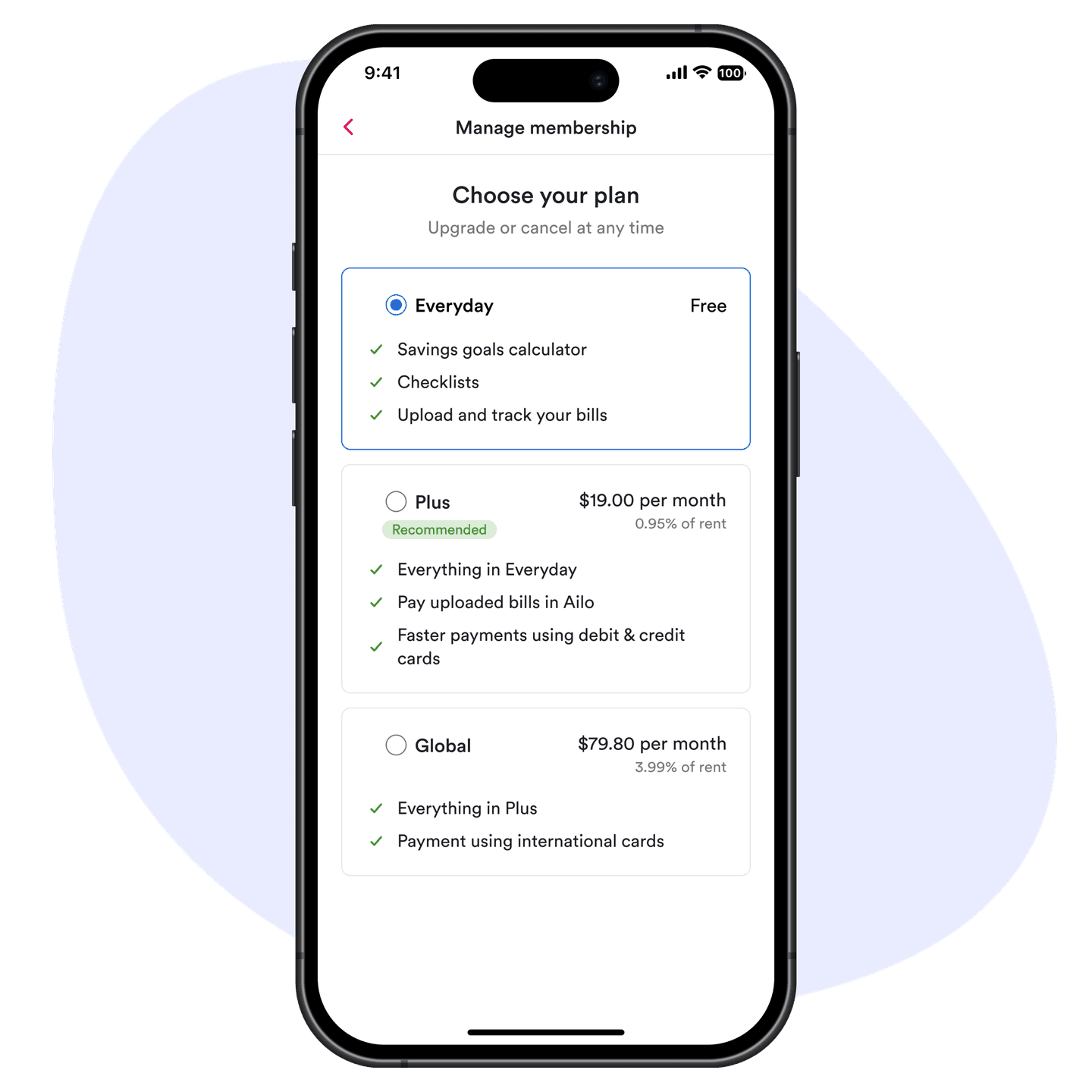 Ailo membership options in the app